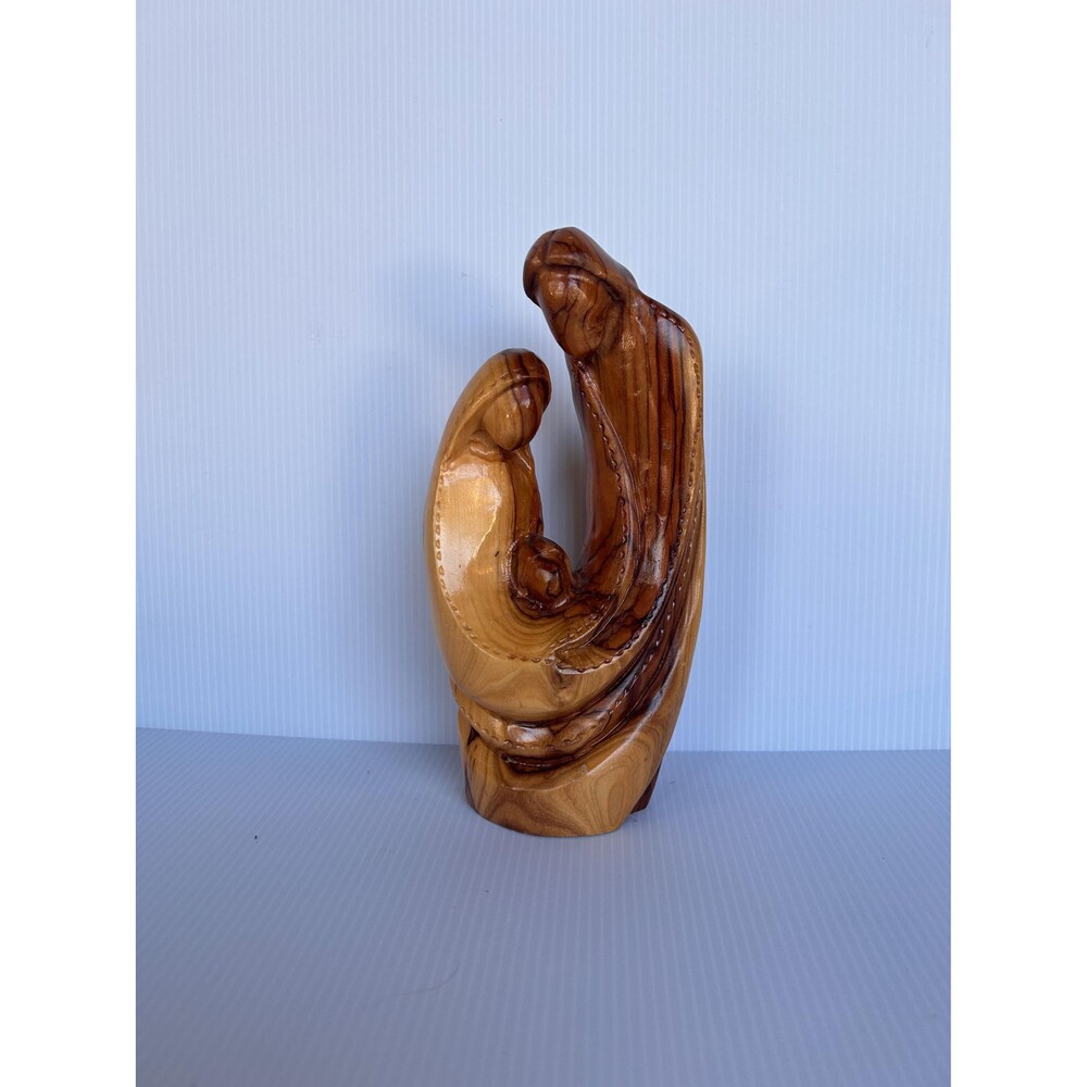Vintage Bethlehem Olive Wood Holy Family Statue – Hand Carved Christmas Nativity
